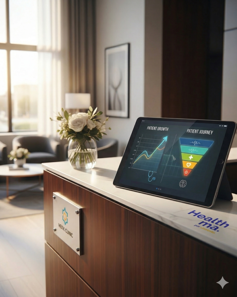 Tablet en recepción de clínica mostrando gráficos de crecimiento de pacientes y sistema de marketing médico digital.